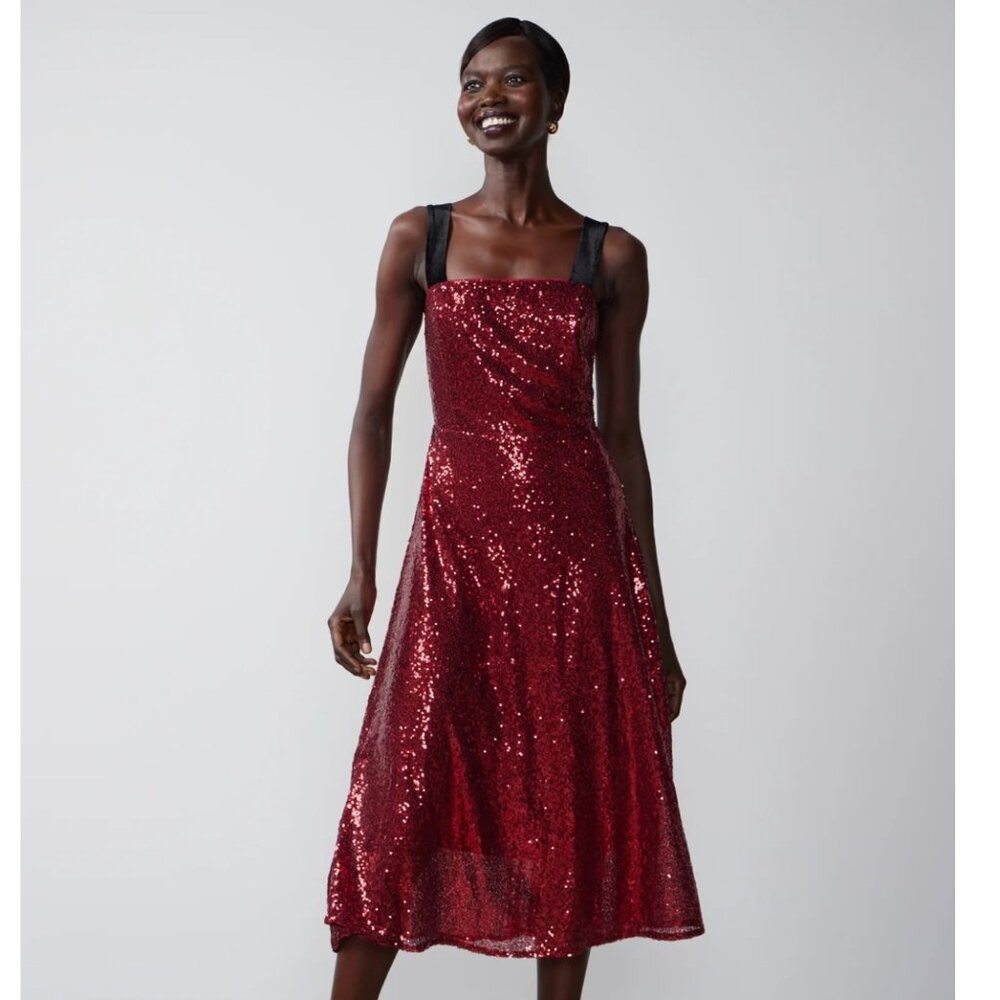 NWT New York & Company Velvet Straps Sequin Fit and Flare Dress - Red/ Black